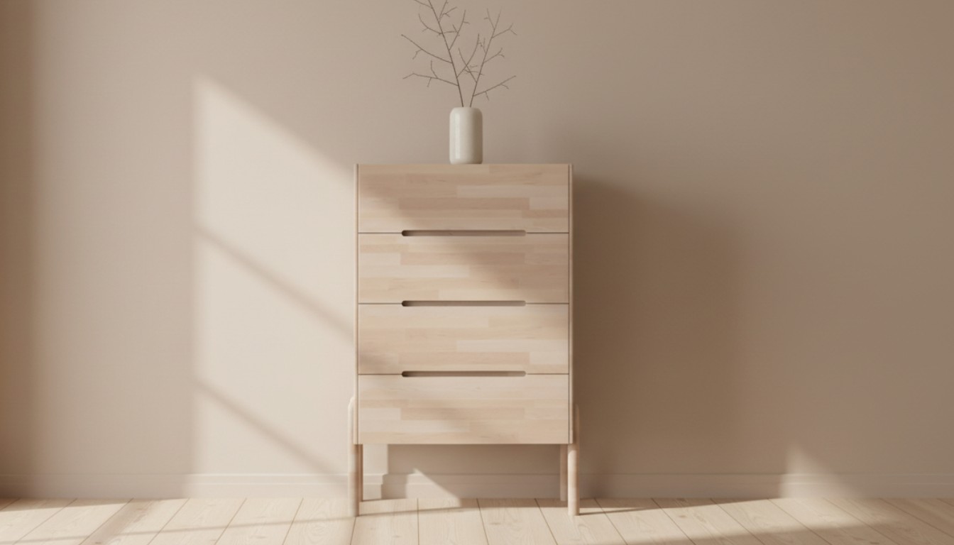 Massiivikoivuinen lipasto kevätvalossa ilmavassa sisustuksessa